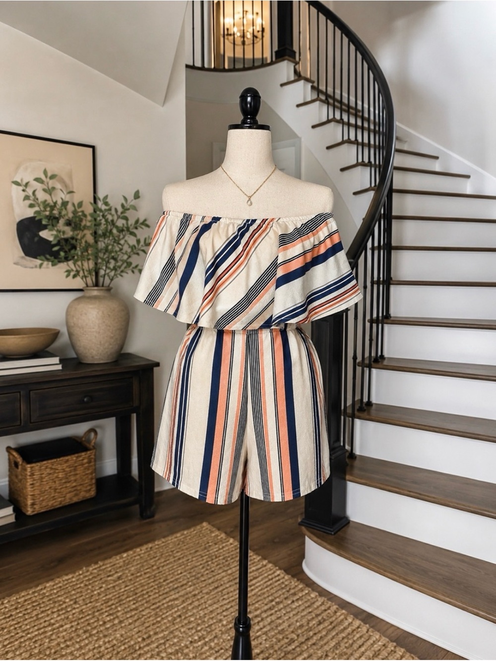 Striped Off-Shoulder Romper in Cream with Navy & Coral